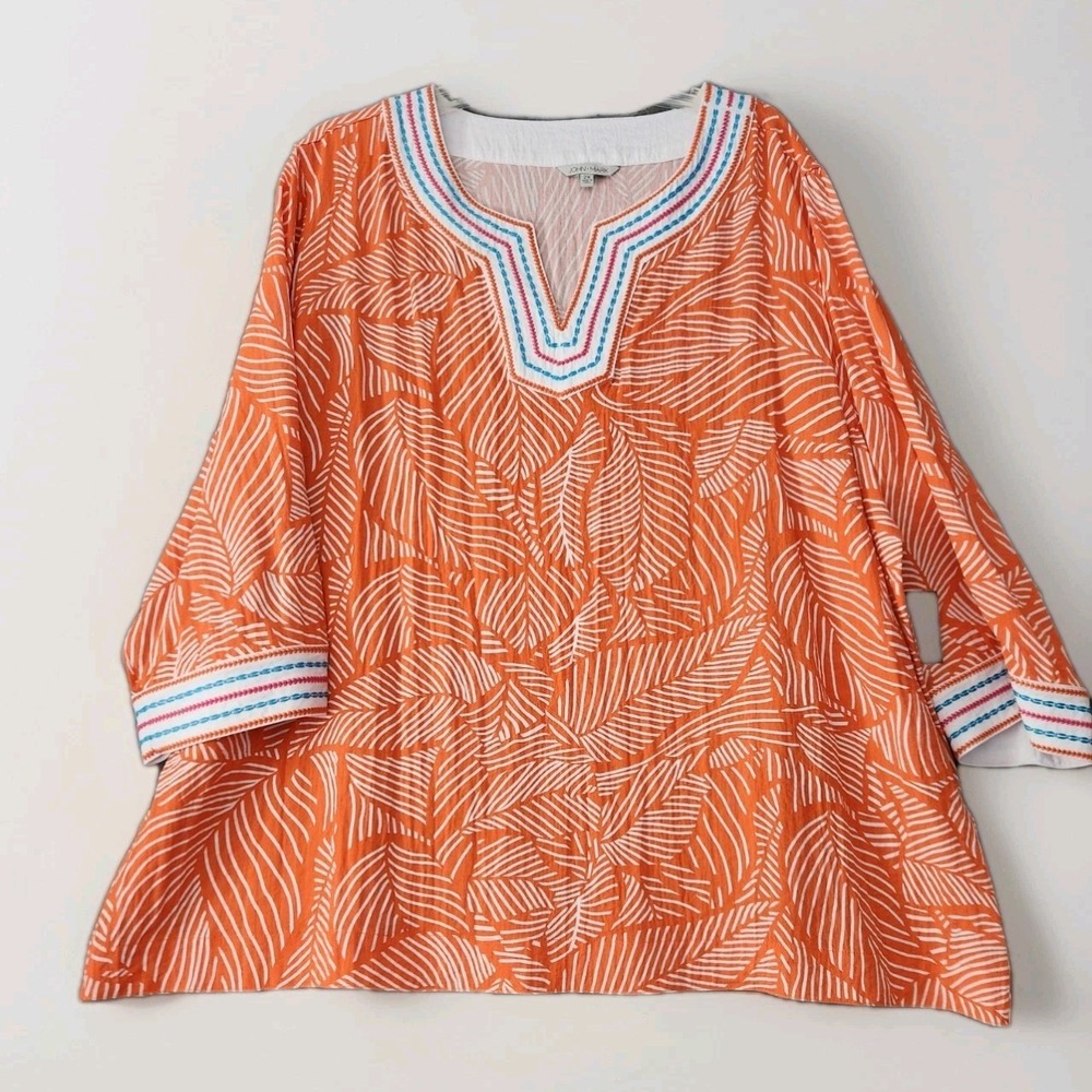 John Mark Women's Sz 2X Tropical Resort Palm Print Embroidered Popover Tunic Top